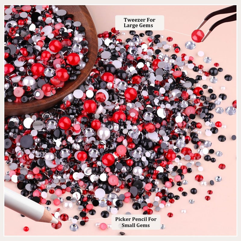 TINKRSTUFF 9000PCS Flatback Pearls and Rhinestones for Bedazzling, Red White Black Mixed Size 3-10mm Resin Rhinestones Gems and Half Pearls for Crafting, Nail Art Crafts Decoration - Image 4